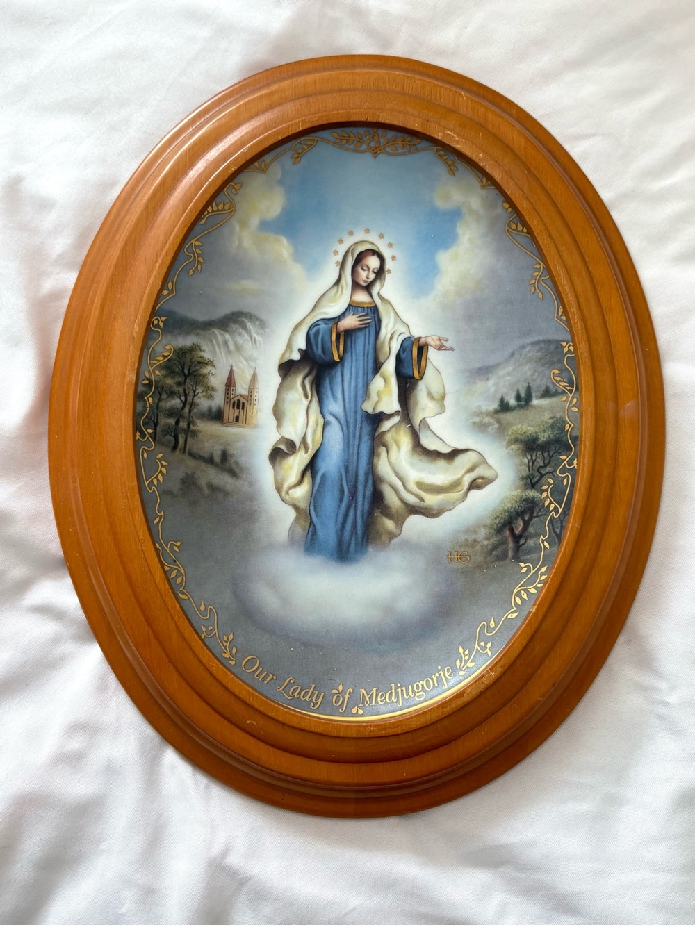 Vintage lady of medjugorje plate art wood frame religious home decor collector